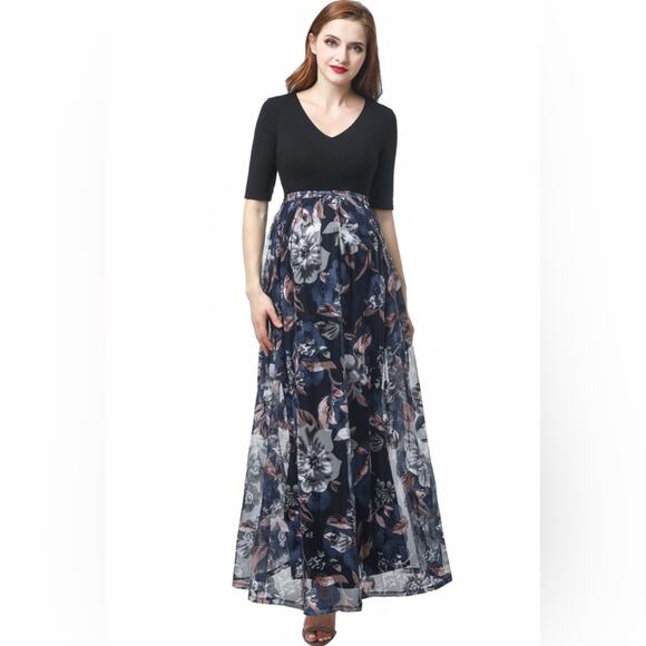 Kimi + Kai Maternity "Annabelle" V-Neck Mesh Print Maxi Dress size Small (b17) - Picture 1 of 6
